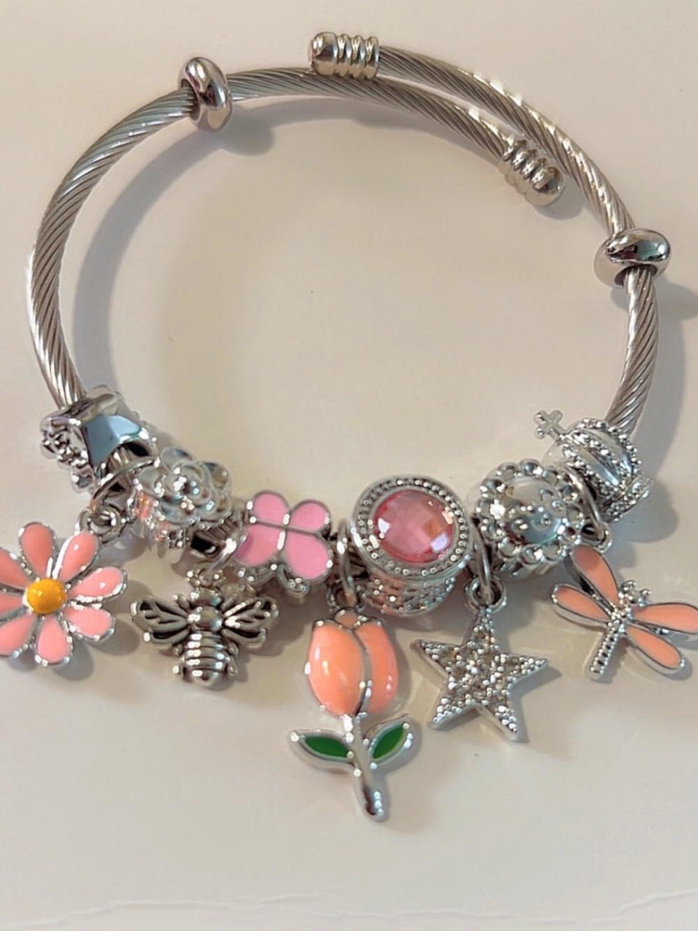 Silver Charm Bracelet with Pink Flower & Star Charms